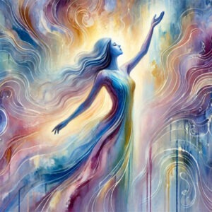 Abstract image of a woman looking peaceful in a colorful aura of flowing color representing the celebration of high sensitivity